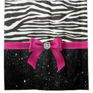 Glam Deep Pink Bow-Zebra Print-Black Sparkle Shower Curtain