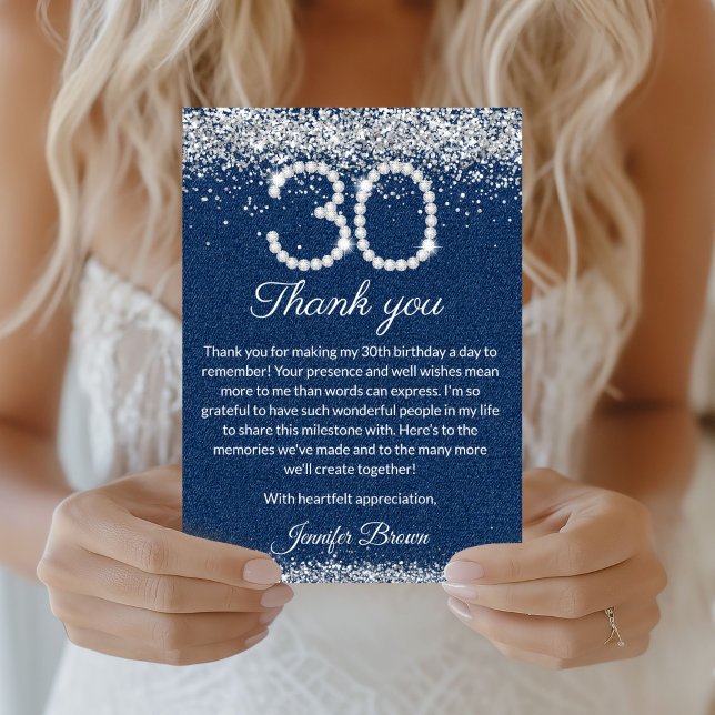 Glam Denim & Diamonds 30th Birthday Thank you Card (diamonds and Denim 30th birthday thank you Card)