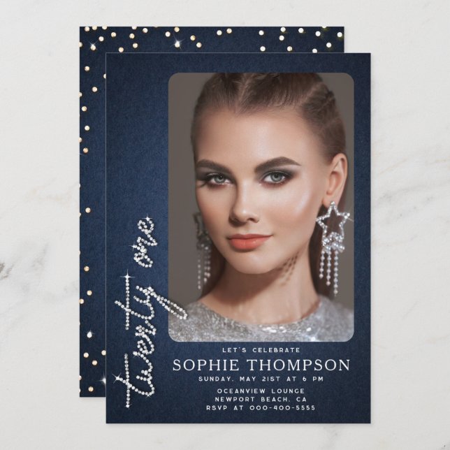 Glam Denim Diamonds Blue White 21st Birthday Photo Invitation (Front/Back)