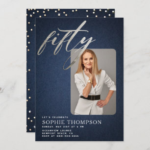 Glam Denim Diamonds Blue White 50th Birthday Photo Invitation