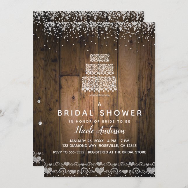 Glam Diamond Bling Cake Rustic Wood Bridal Shower Invitation (Front/Back)