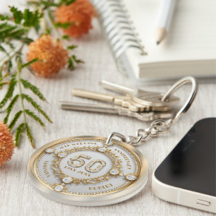 Glam Diamond & Gold Frame 50th Wedding Anniversary Key Ring