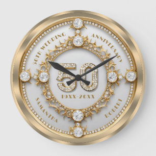 Glam Diamond & Gold Frame 50th Wedding Anniversary Large Clock