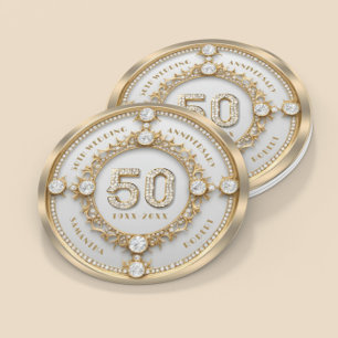 Glam Diamond & Gold Frame 50th Wedding Anniversary Round Paper Coaster