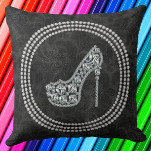 Glam Diamond Stiletto Shoe On Black Damask Cushion