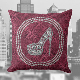 Glam Diamond Stiletto Shoe On Burgundy Damask Cushion