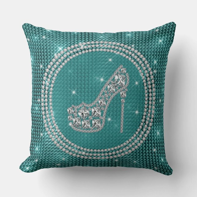 Glam Diamond Stiletto Shoe On Teal Cushion (Front)