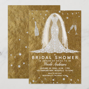 Glam Diamond Wedding Dress Gold Bridal Shower Invitation
