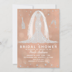 Glam Diamond Wedding Dress Peach Bridal Shower Invitation