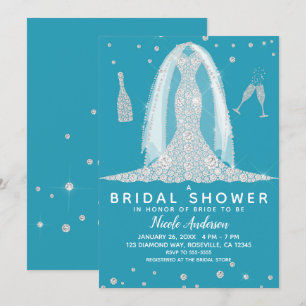 Glam Diamond Wedding Dress Teal Bridal Shower Invitation
