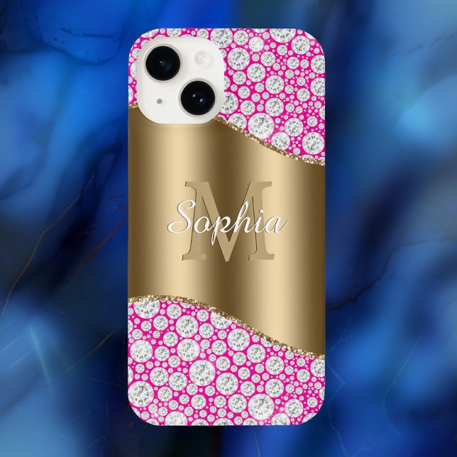 Glam Diamonds Fuchsia, Gold Monogram, Script Name iPhone Case (Creator Uploaded)
