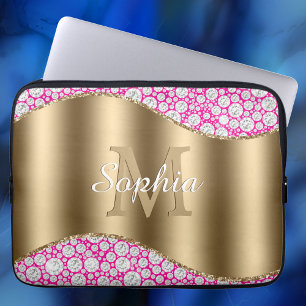Glam Diamonds Fuchsia, Gold Monogram, Script Name Laptop Sleeve