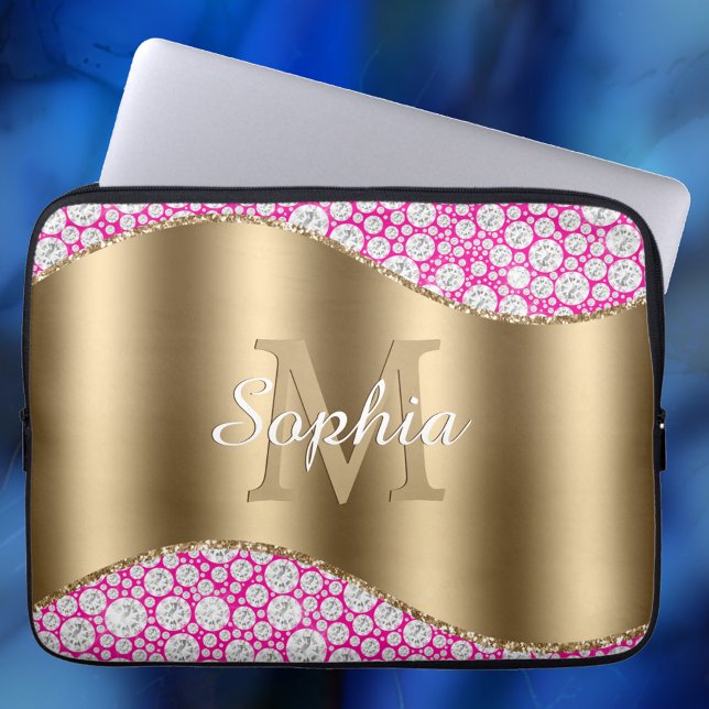 Glam Diamonds Fuchsia, Gold Monogram, Script Name Laptop Sleeve (Creator Uploaded)