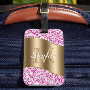 Glam Diamonds Fuchsia, Gold Monogram, Script Name Luggage Tag