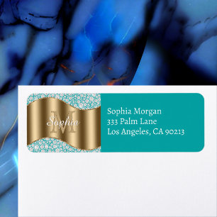 Glam Diamonds, Gold Monogram, Deep Teal Address  Return Address Label