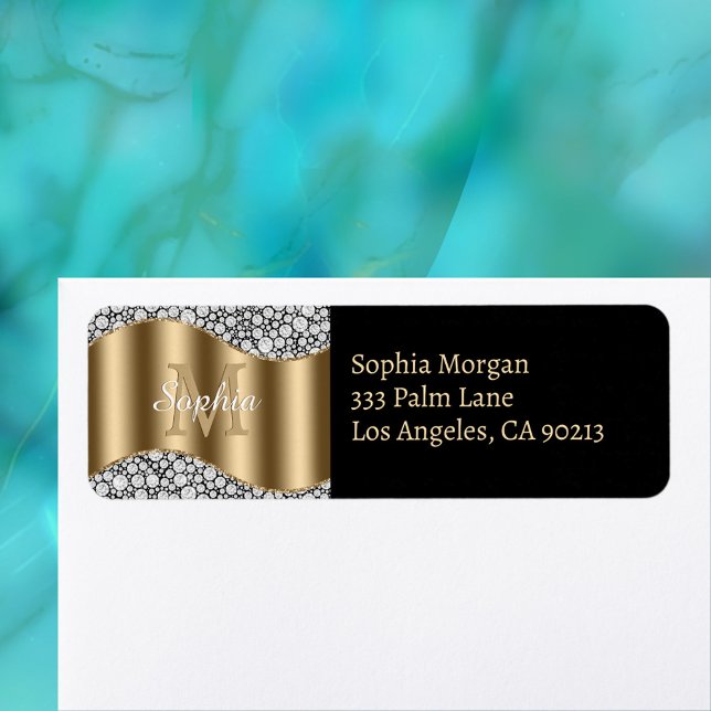 Glam Diamonds, Gold Monogram, Name & Address  Return Address Label (Creator Uploaded)