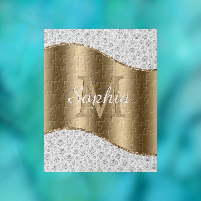 Glam Diamonds, Gold Monogram, Script Name Jigsaw Puzzle (Creator Uploaded)