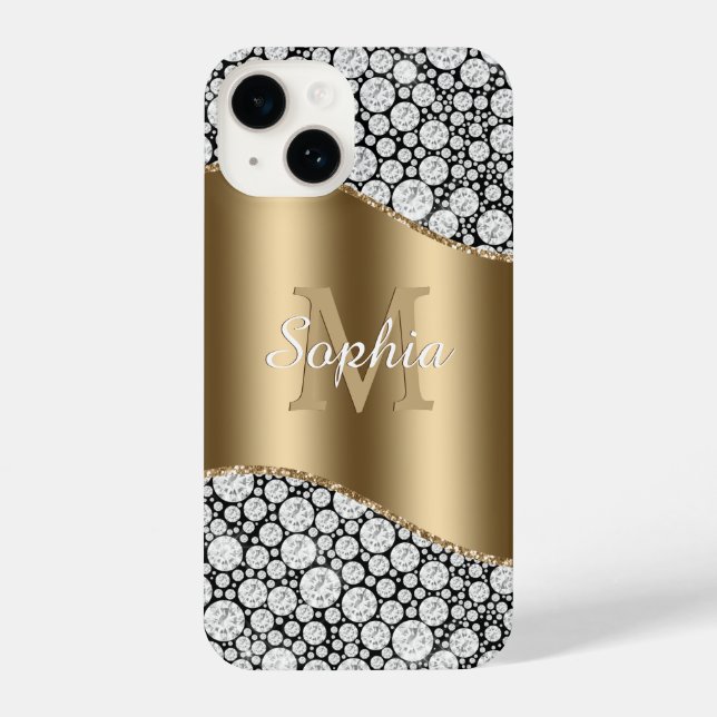 Glam Diamonds on Black, Gold Monogram, Script Name iPhone Case (Back)