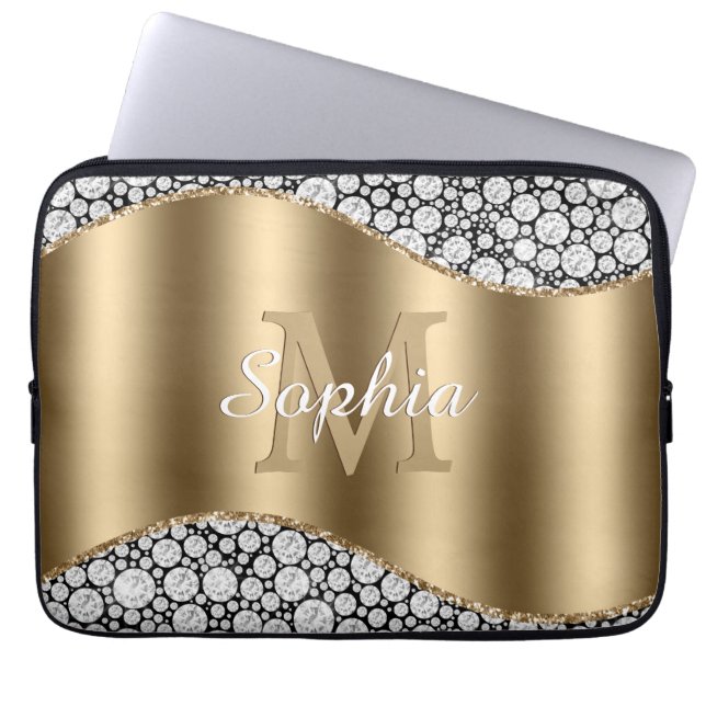 Glam Diamonds on Black, Gold Monogram, Script Name Laptop Sleeve (Front)