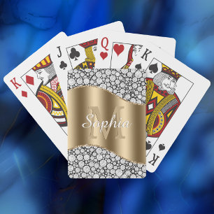 Glam Diamonds on Black, Gold Monogram, Script Name Playing Cards