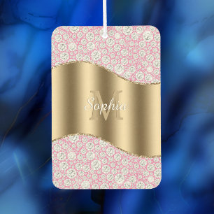 Glam Diamonds on Pink, Gold Monogram, Script Name Car Air Freshener