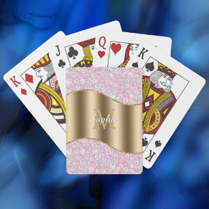 Glam Diamonds on Pink, Gold Monogram, Script Name Playing Cards