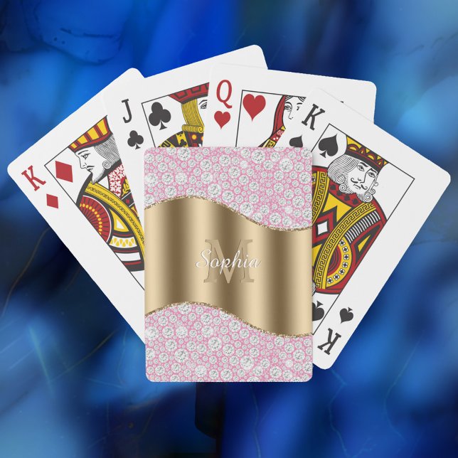 Glam Diamonds on Pink, Gold Monogram, Script Name Playing Cards (Creator Uploaded)