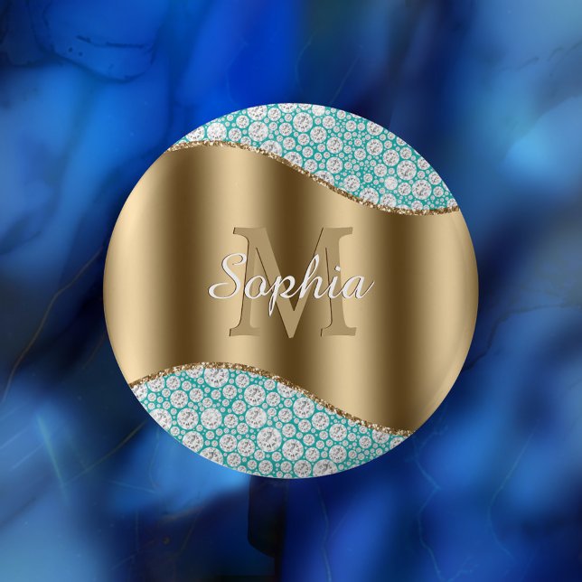 Glam Diamonds on Teal, Gold Monogram, Script Name 3 Cm Round Badge (Creator Uploaded)