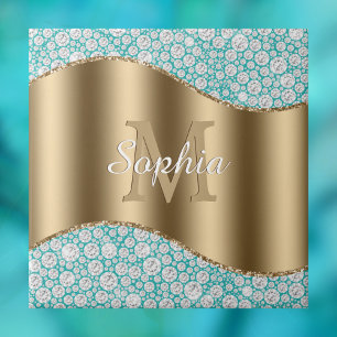 Glam Diamonds on Teal, Gold Monogram, Script Name Ceramic Tile