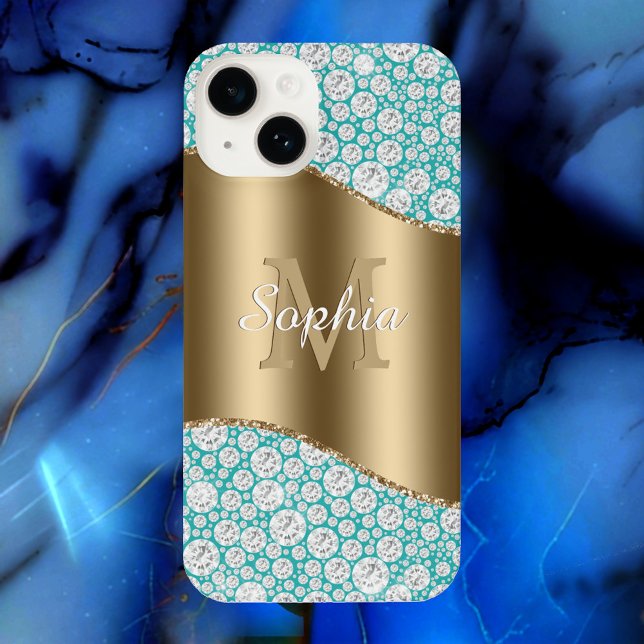 Glam Diamonds on Teal, Gold Monogram, Script Name iPhone Case (Creator Uploaded)
