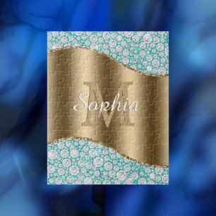 Glam Diamonds on Teal, Gold Monogram, Script Name Jigsaw Puzzle