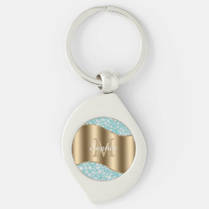 Glam Diamonds on Teal, Gold Monogram, Script Name Key Ring