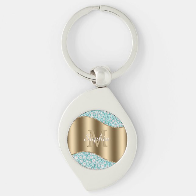 Glam Diamonds on Teal, Gold Monogram, Script Name Key Ring (Front)