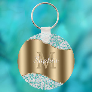 Glam Diamonds on Teal, Gold Monogram, Script Name Key Ring