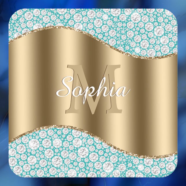 Glam Diamonds on Teal, Gold Monogram, Script Name Square Paper Coaster (Creator Uploaded)