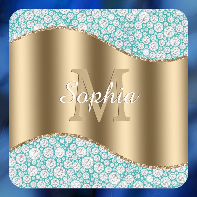 Glam Diamonds on Teal, Gold Monogram, Script Name Square Sticker (Creator Uploaded)