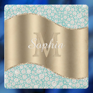 Glam Diamonds on Teal, Gold Monogram, Script Name Stone Coaster