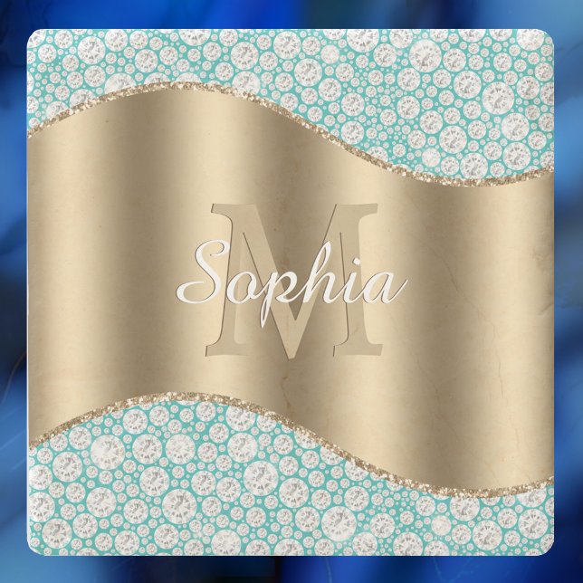 Glam Diamonds on Teal, Gold Monogram, Script Name Stone Coaster (Creator Uploaded)