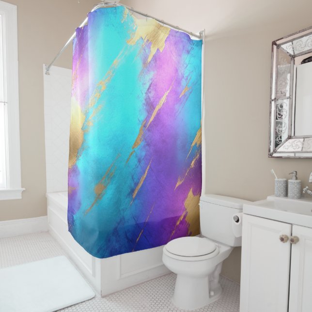 Glam Distressed Purple Turquoise Gold Shower Curtain (In Situ)