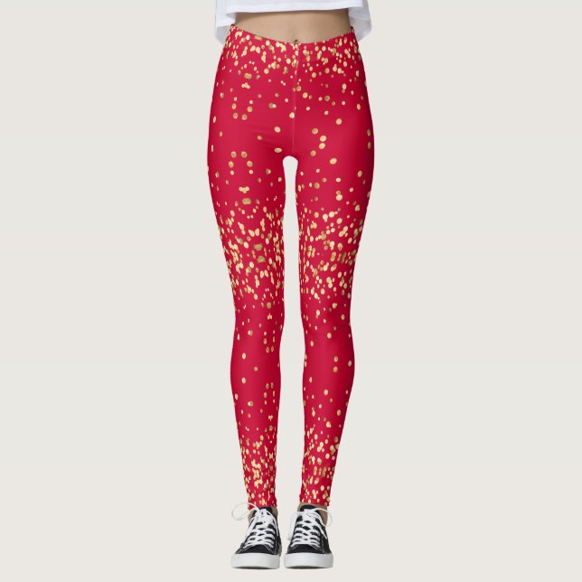 Glam Diva Gold Glittery Christmas Red Party Leggings (Front)
