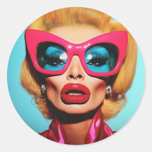 Glam Diva in Retro Shades Classic Round Sticker (Front)