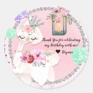 Glam Diva Llama Princess Whimsical Birthday Party Classic Round Sticker