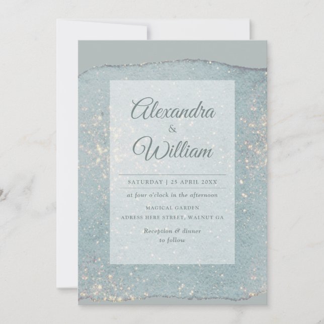 Glam Dusty Blue Glitter Modern Pastel Blue Gold Invitation (Front)