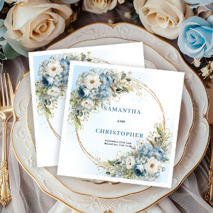 Glam Dusty Blue Roses Gold Wedding Napkins