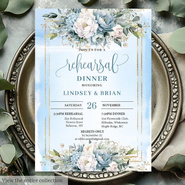 Glam Dusty Blue White Floral Gold Rehearsal Invite (Glam Dusty Blue White Floral Gold Rehearsal Invite)