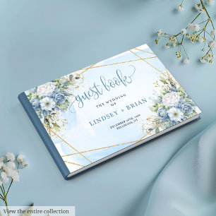 Glam Dusty Blue White Gold Flowers Guest Book