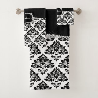 Glam Elegant Black White Damask Diamonds Bath Towel Set