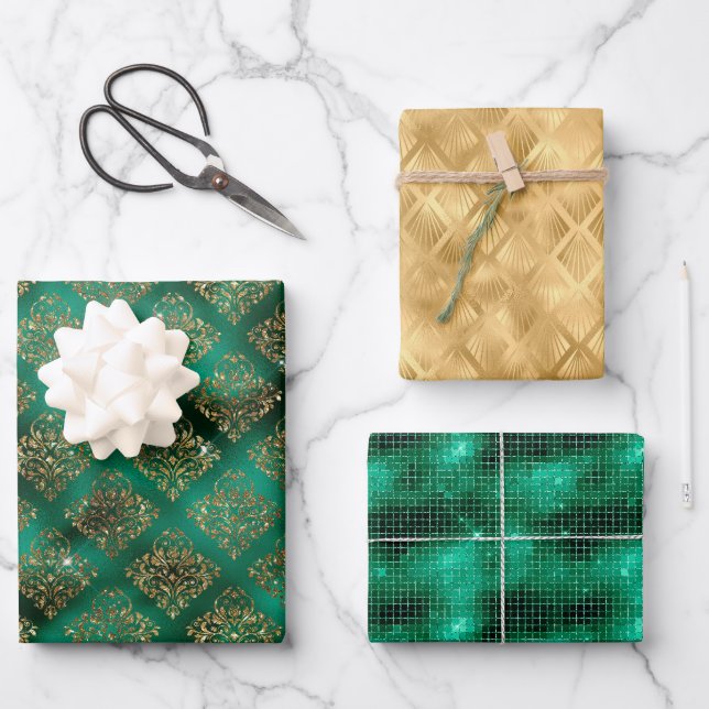 Glam Emerald Gold Damask Fans Shimmer Wrapping Paper Sheet (Front)