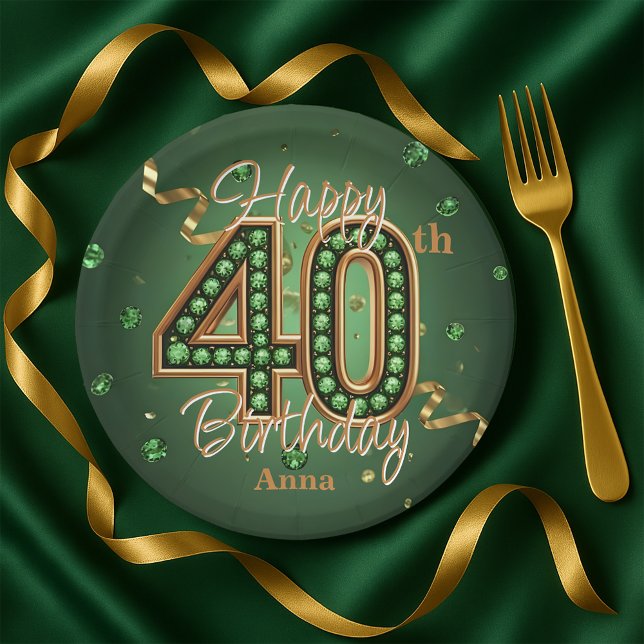 Glam Emerald Green and Gold 40th Birthday Paper Plate (Creator Uploaded)
