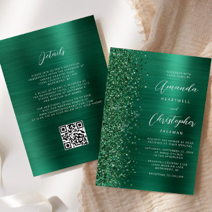 Glam Emerald Green Brushed Metal QR Code Wedding Invitation